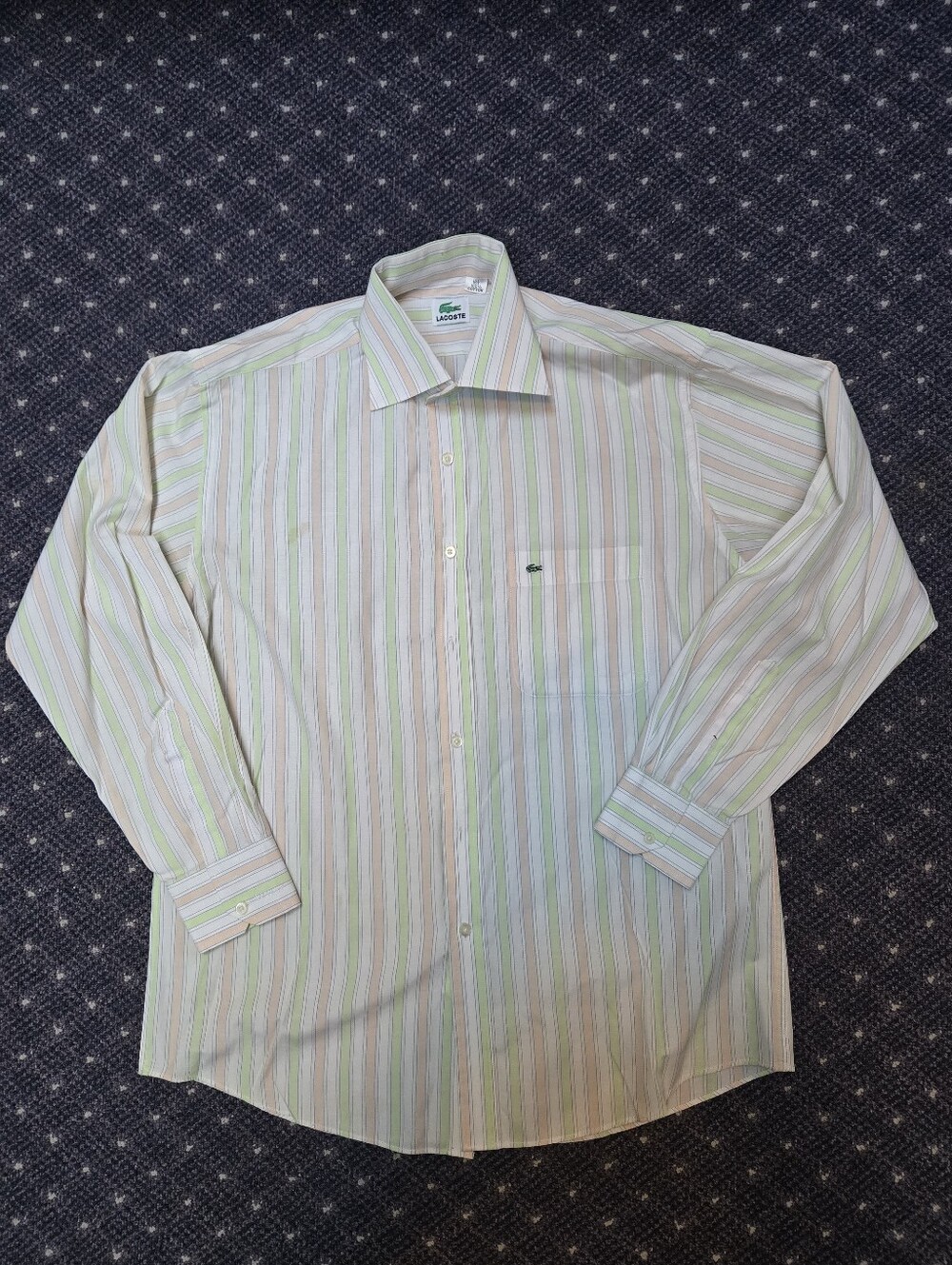 Lacoste Men's Light Green and White Striped Dress Shirt 16.5